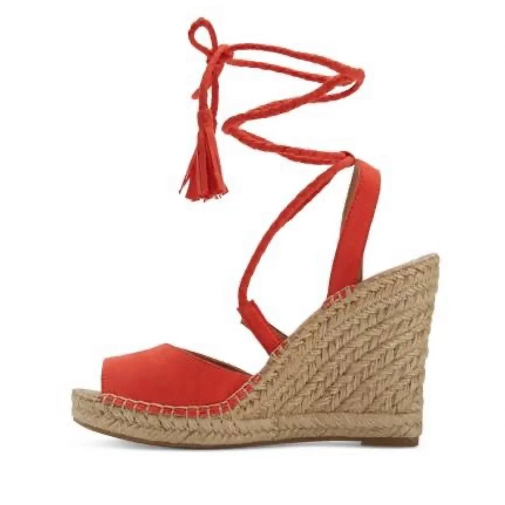 Merona Wedge Sandals Heel Ankle Tie Up Strings Peep Toe Platform Shoes Fabric